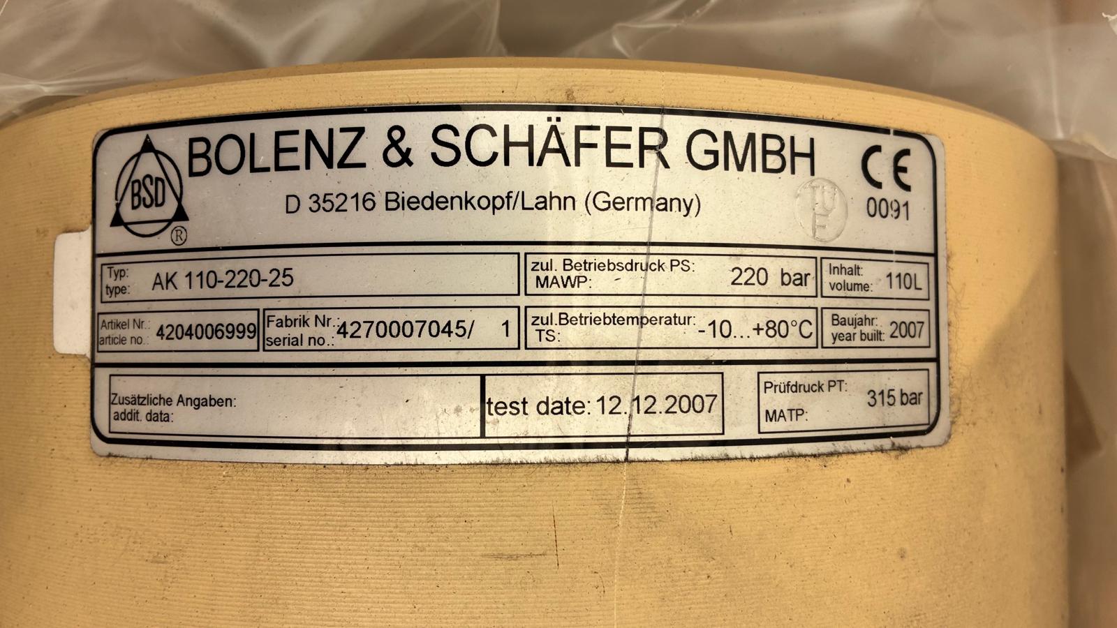 Bolenz & Schäfer AK 110-220-25 Stickstoff Kolbenspeicher 110 L 220 bar