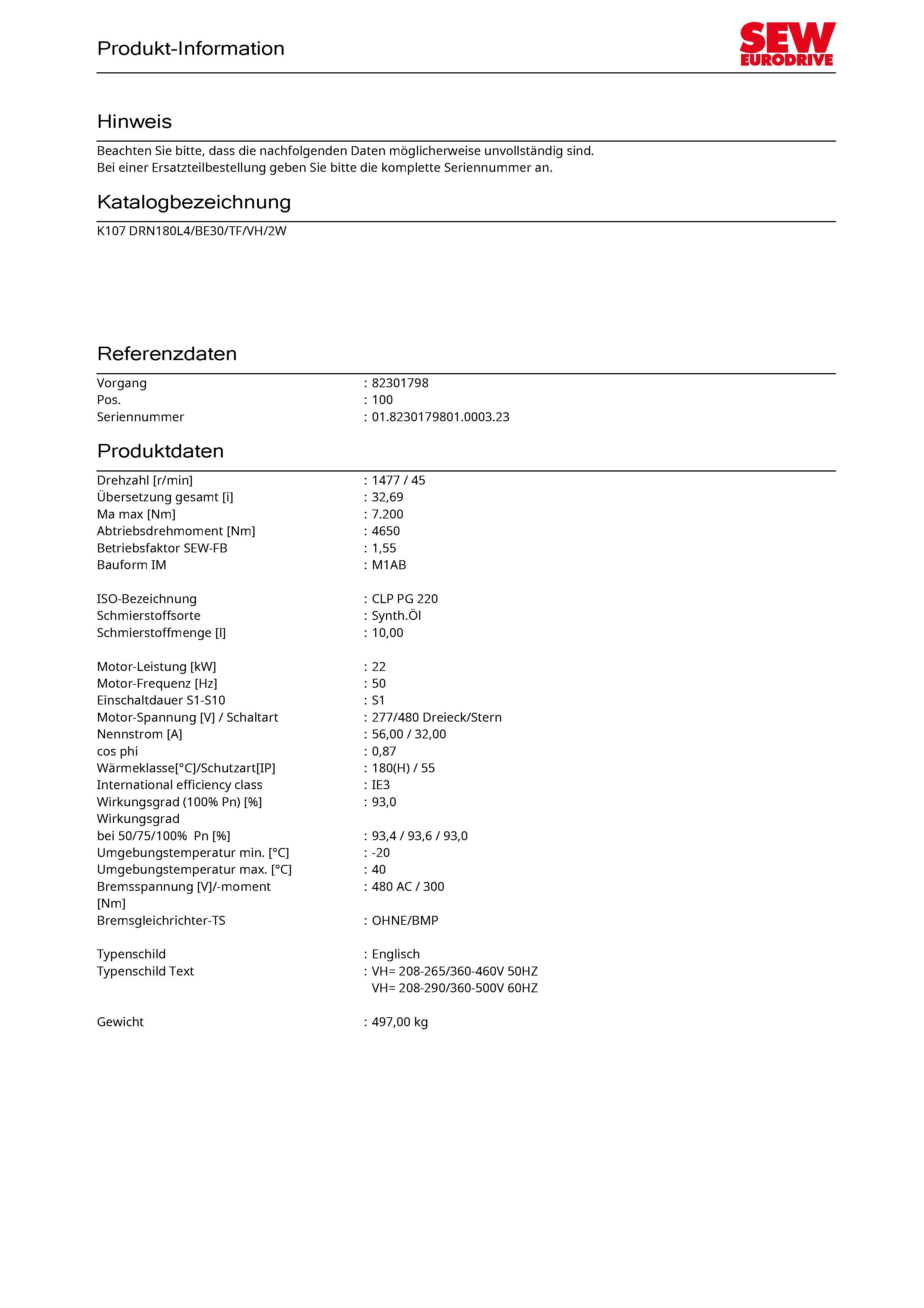 SEW-EURODRIVE K107 DRN180L4/BE30/TF/VH/2W Kegelrad-Getriebemotor 22 kW
